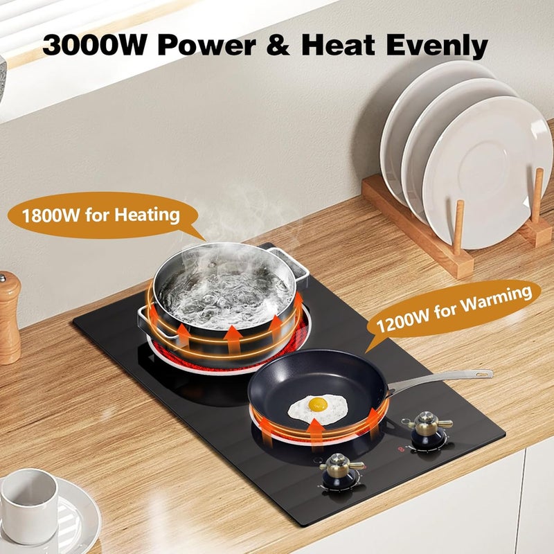Jessier 2 Burner Electric Cooktop - Built-in 3000W Two Burner Electric Stove, 220V Ceramic Cook Top with 9 Power Heating Levels, Knob Control, 220V - 240V Hard Wired (No Plug) - Image 5